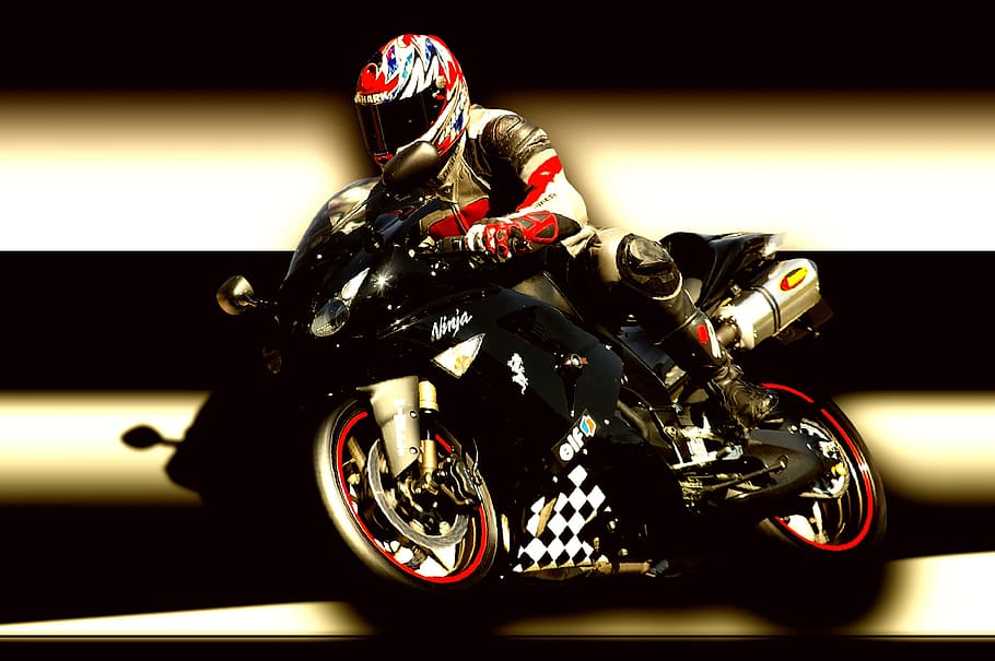 person, riding, black, kawasaki ninja sports bike, motorcycle, two wheeled vehicle, motorcycles, sporty, riding a motorcycle, bikes