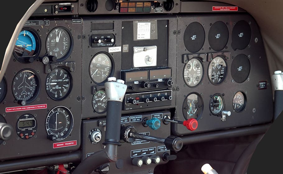 black gauge cluster, airplane cockpit, aircraft, instrument panel, gauges, airplane, flight, plane, aviation, fly