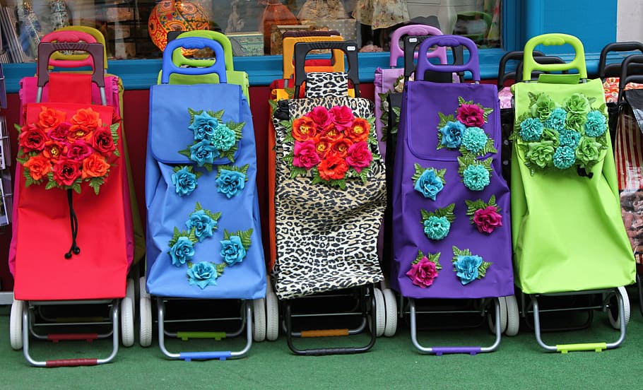 multicolored loungers, shopping cart, trolley, purchasing, handle, transport, blue, metal, gepaecktrolley, baggage car