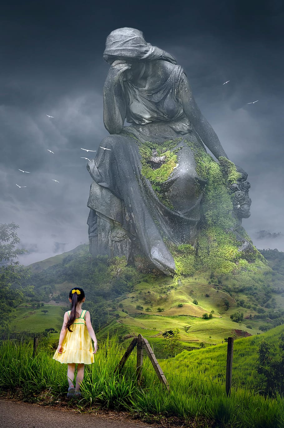 girl, yellow, sundress, front, giant woamn statue, fantasy, landscape, monument, child, statue