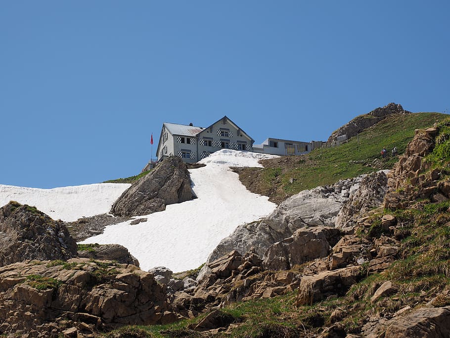 hut, mountain hut, pass, red rock pass, mountain guest house, säntis region, alpine, mountains, snow, stones