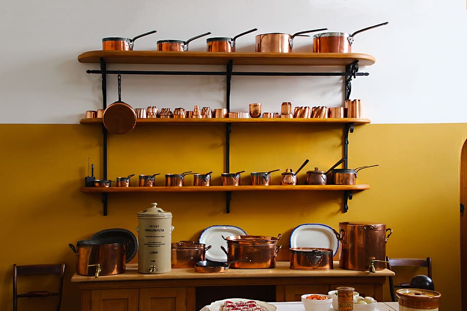 brown, glass pot, shelf, saucepans, copper, kitchen, food, kitchenware, cook, metal