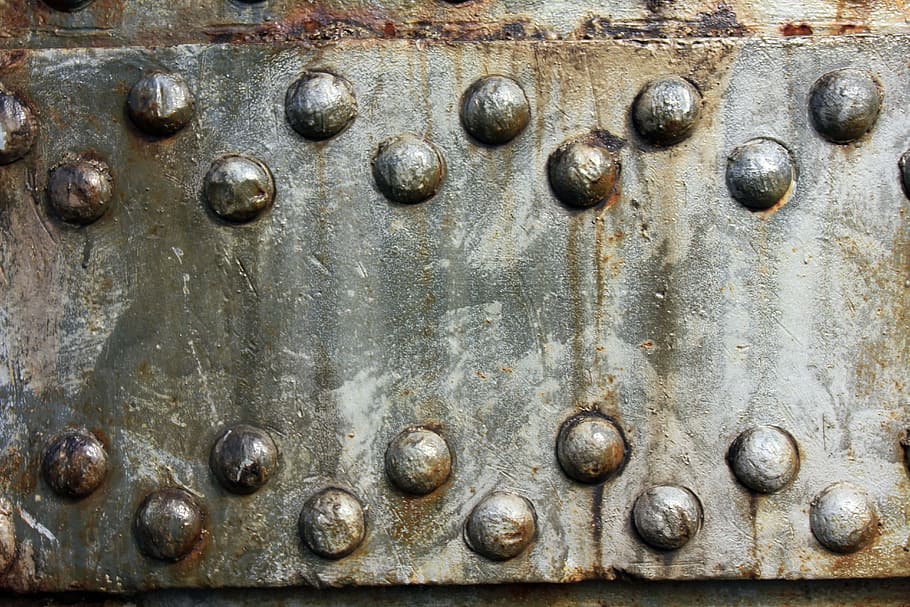 gray, brown, surface, technology, connection, solvable, rivet, machine element, riveting heads, rusted