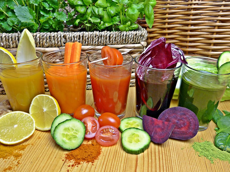 assorted, fruit juices, clear, drinking glasses, detox, detoxify, diet, vitamins, healthy, frisch