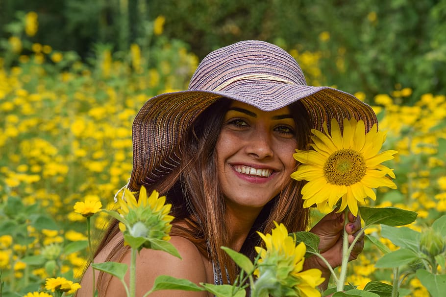 woman, flowers, nature, people, beauty, model, summer, hat, sunflower, flower