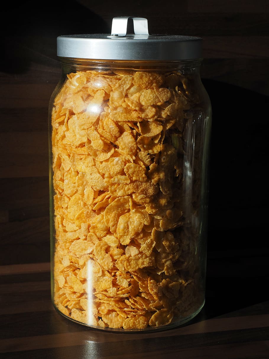 cornflakes, eat, breakfast, glass, storage, food, jar, food and drink, container, indoors