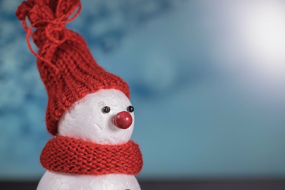 snowman, wearing, red, knit, cap, scarp illustration, snow man, winter, cold, mood