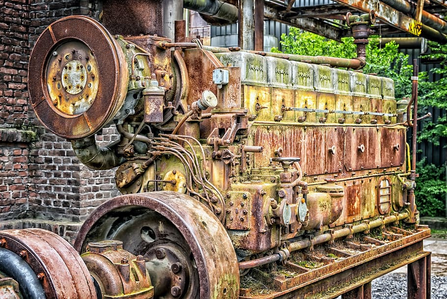 oxidado, marrón, motor, pared, uno, máquina, tecnología, industria, antiguo, unidad