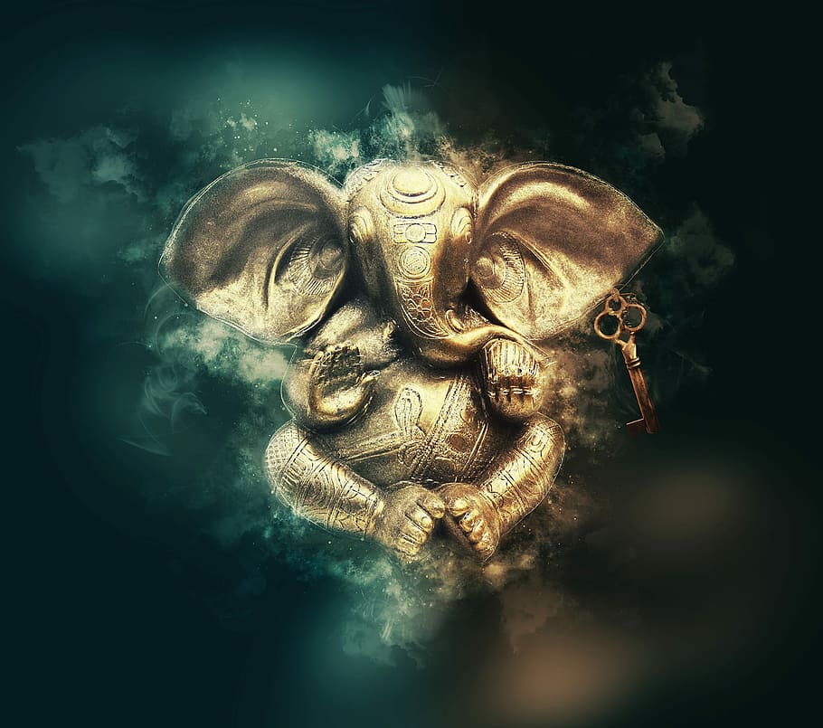 ilustração, estatueta de ouro senhor ganesha, ganesha, ganesh, deus, pagar, religião, meditação, índia, ásia