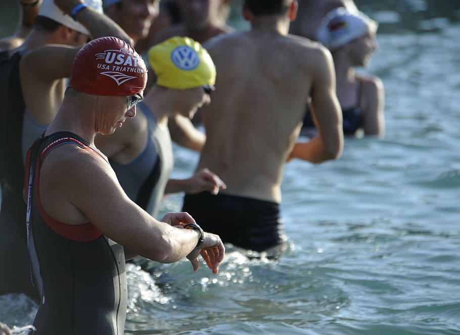 group, people, water, ironman, competition, race, start, swimming, athletes, triathalon