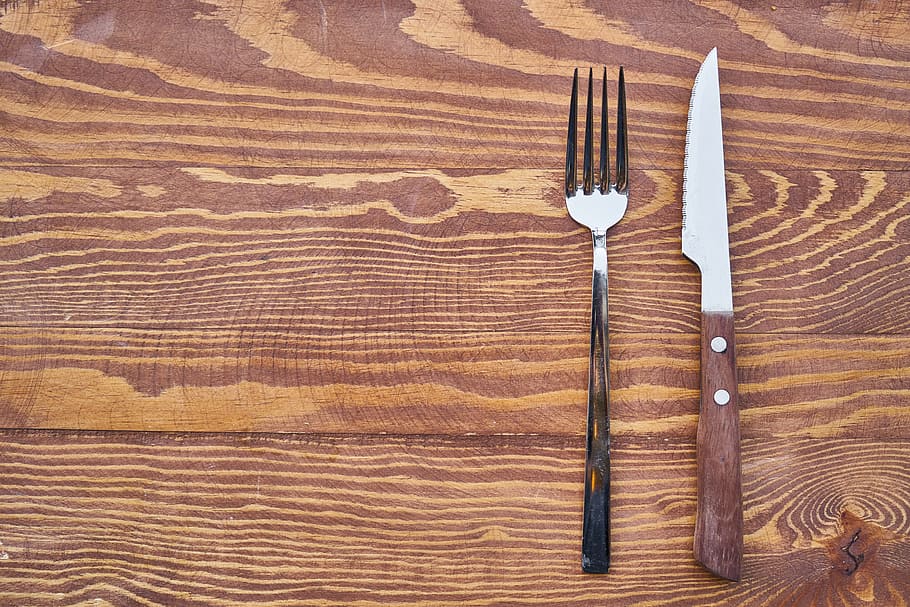 tenedor plateado, cuchillo, mesa, comida, tenedor, plato, hambre, tok, gordo, dieta