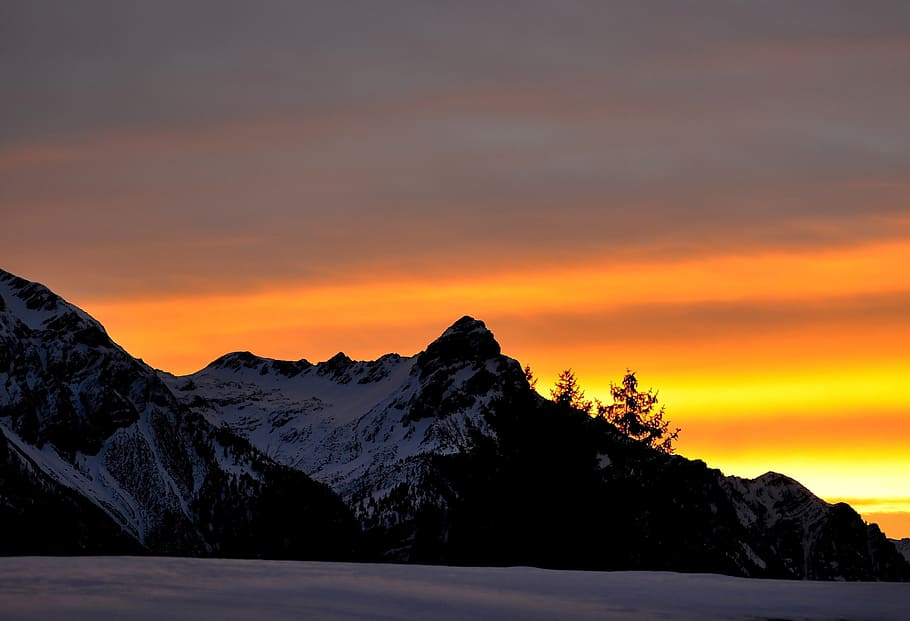 mountains, mountain peaks, winter, snow, landscape, sky, sunrise, lighting, beauty in nature, sunset