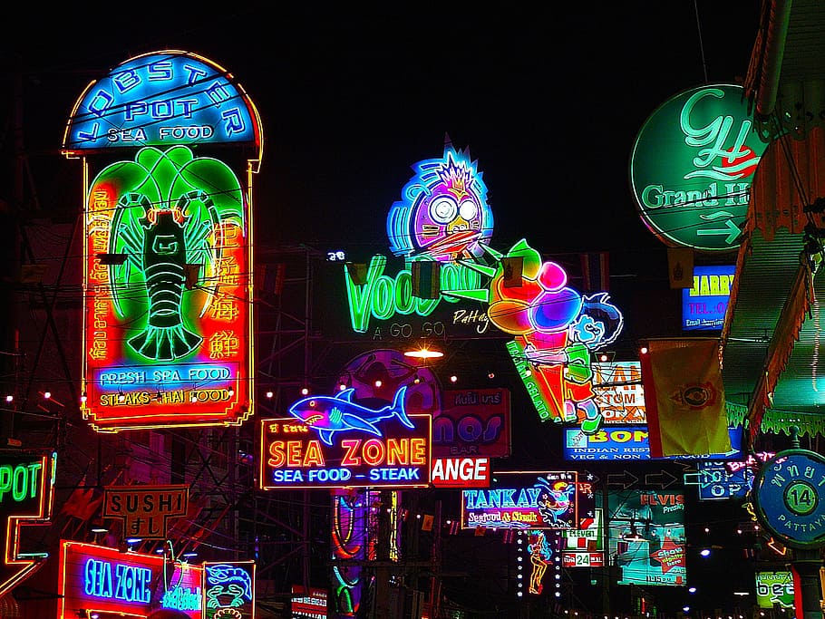 led signage, Neon Lights, Signs, Evening, lights, dark, street, pattaya, thailand, night