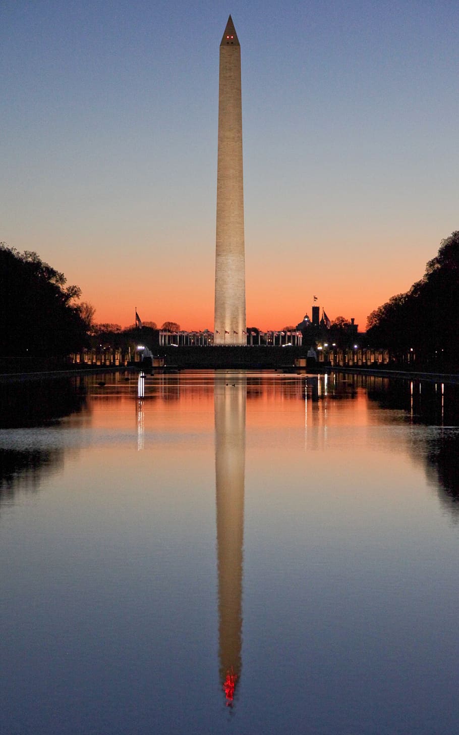 Washington, monumento, amanecer, Washington DC, árboles, estanque, reflexiones, agua, ciudad, ciudades