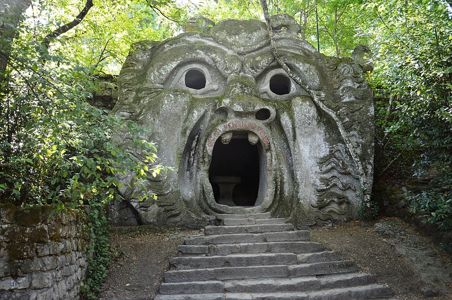 structural, shot, gray, cave, daytime, bomarzo, forest, monsters, viterbo, mouth