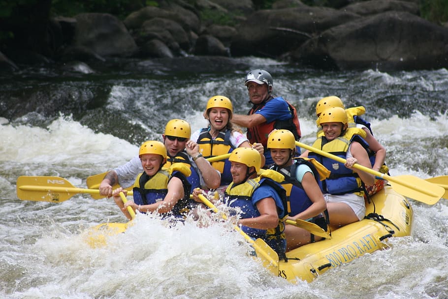 people, riding, inflatable boat, river, rafting, whitewater, team, group, happy, fun