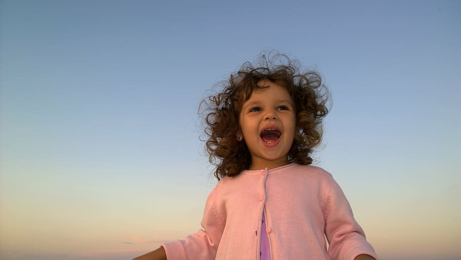 girl, wearing, pink, button-up jacket, cute, scream, happy, sunset, childhood, child