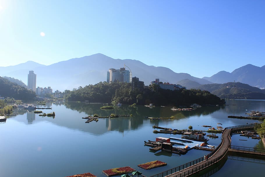 pagi, ri yue tan, danau, kota, arsitektur, kaki langit, lanskap kota, menara, bangunan, pemandangan