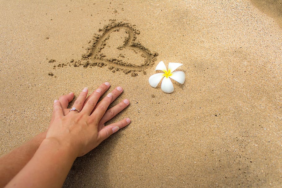 man, woman, hand, white, sand, carved, heart, yellow, plumeria flower, betrothed