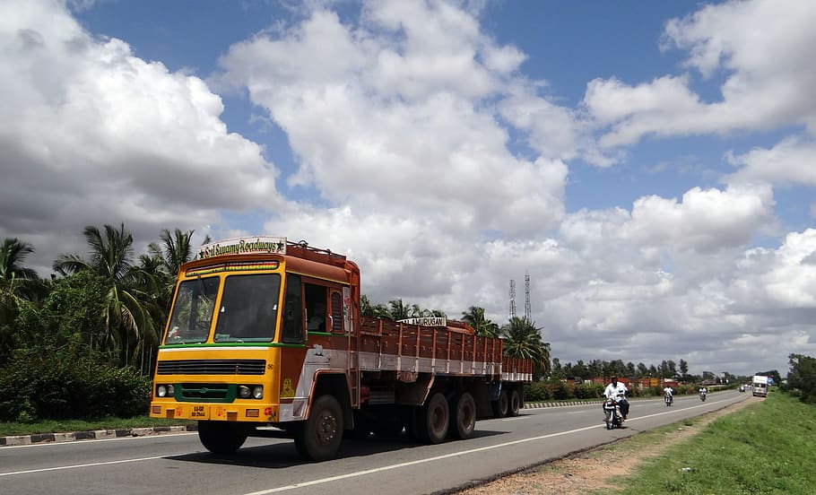 rodovia, caminhão, transporte, estrada, nuvens, stratus, karnataka, índia, modo de transporte, veículo terrestre