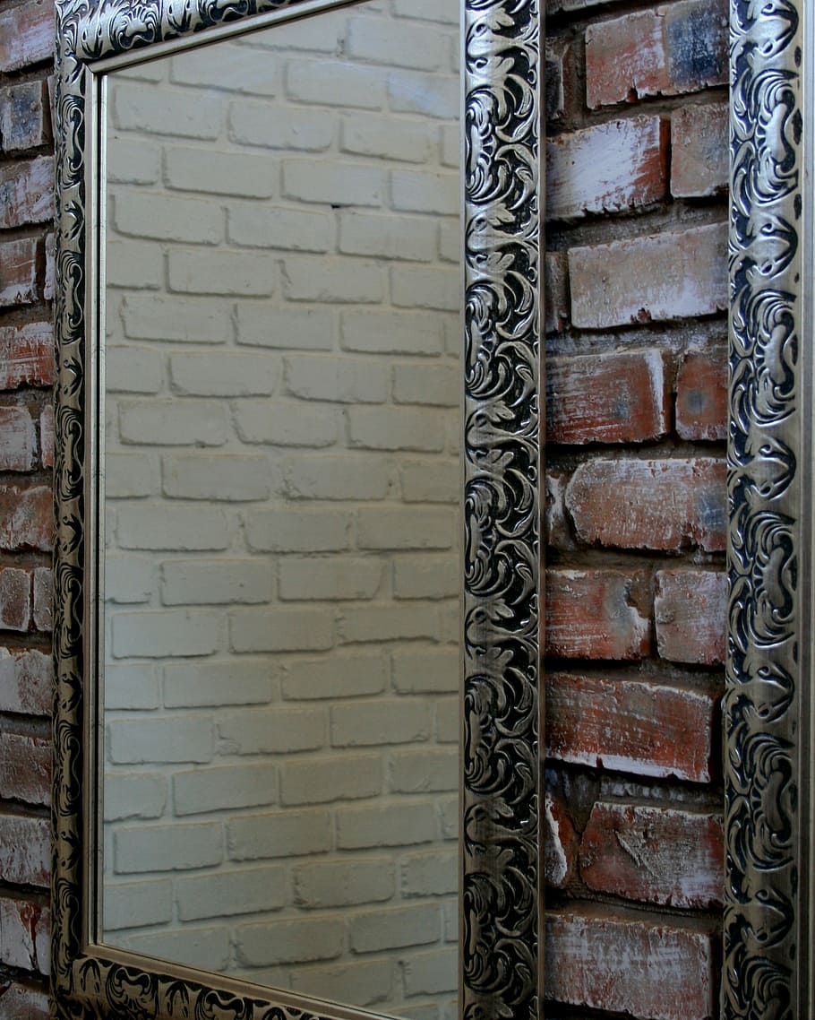 rectangular, gray, metal, framed, mirror, wall, brick, red, shiny, reflecting