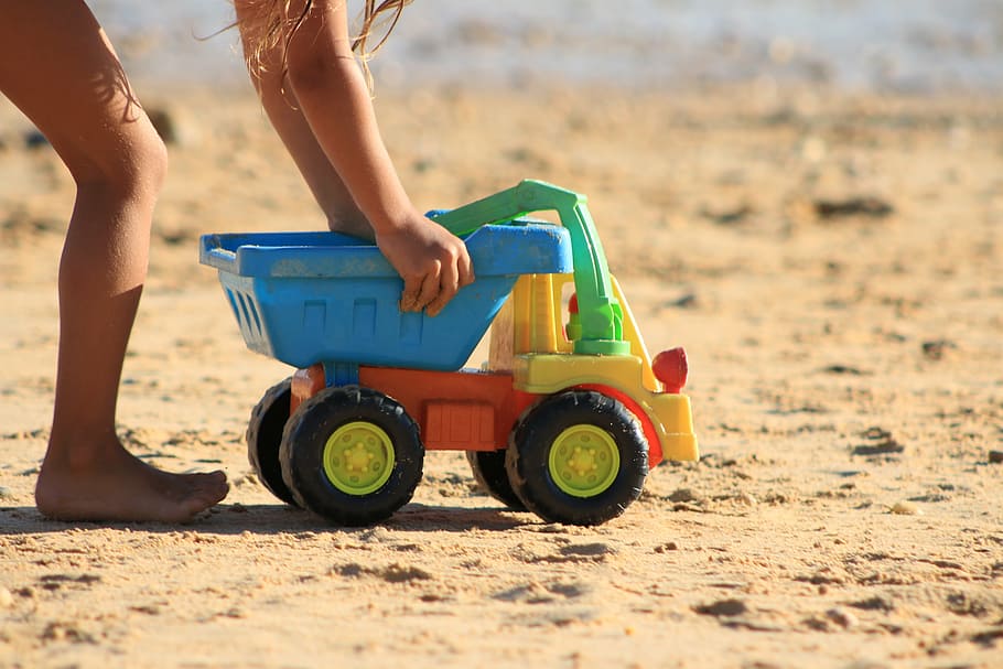 child, car, toy, vehicle, childhood, childish, cart, sand, beach, summer