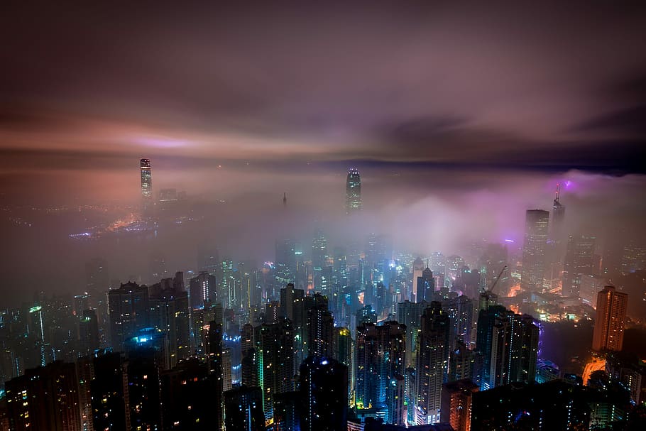 timelapse photo, buildings, night time, aerial photo, nighttime, clouds, mist, a surname, mountain, hong kong