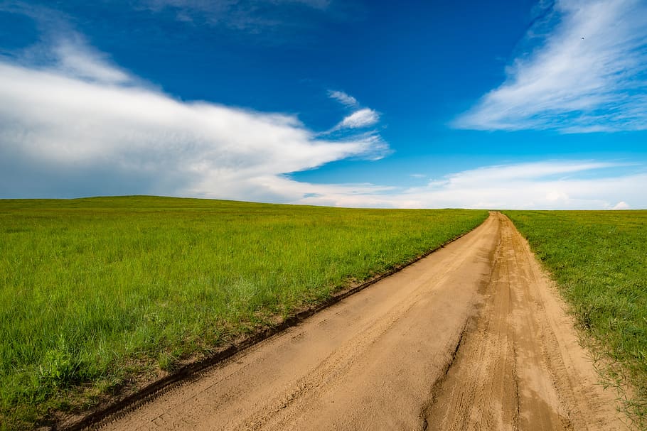 landscape, road, meadow, blue sky, mongolia, sky, grass, environment, land, field