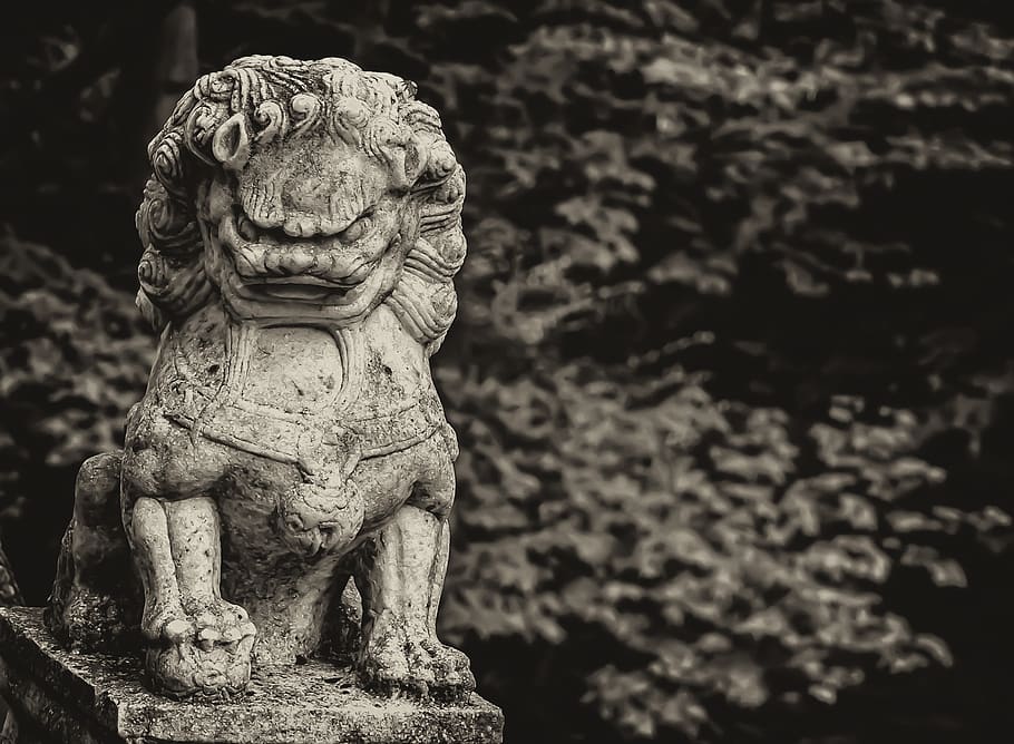 china, lion, sepia, statue, luck, asia, marble, nature, temple, sculpture