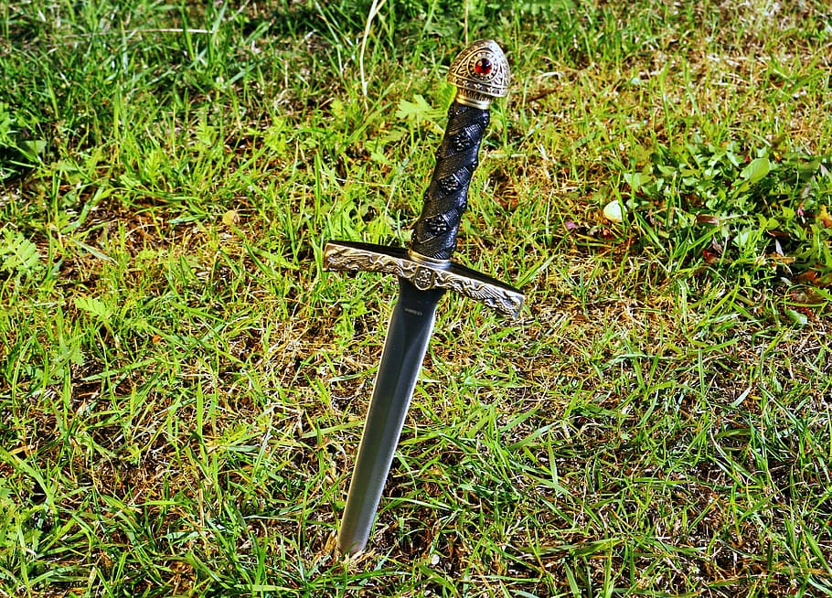 black, handle, sword, grass field, Weapon, Knife, Dagger, Symbol, Grass, dagger, symbol