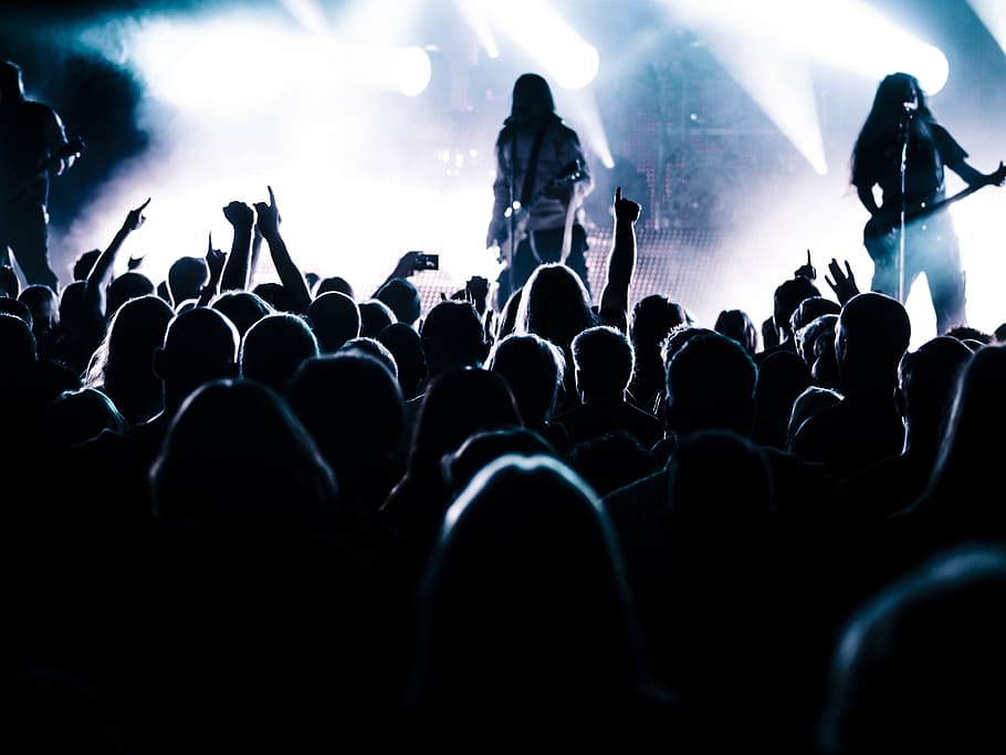 silhouette photo, two, man, playing, guitars, concert, live, stage, band, metal band