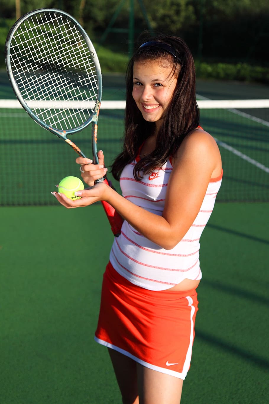 woman, holding, tennis racket, ball, field, Active, Ball, Court, Exercise, Female, court