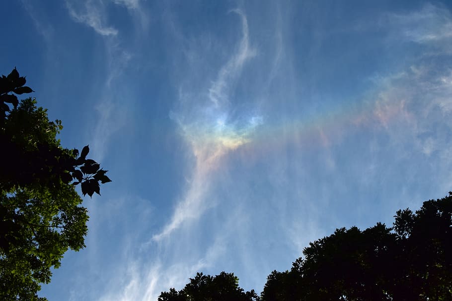 blue, sky, white, clouds, fire rainbow in the clouds, rare, early evening, cloudscape, rainbow, skyscape