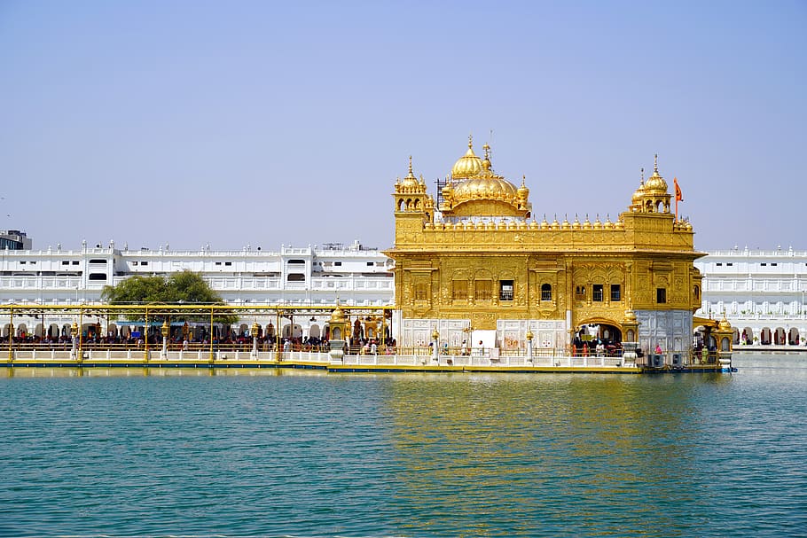 arquitectura, indio, adoración, lago, viajar, punto de referencia, harmandir, templo, dorado, oro