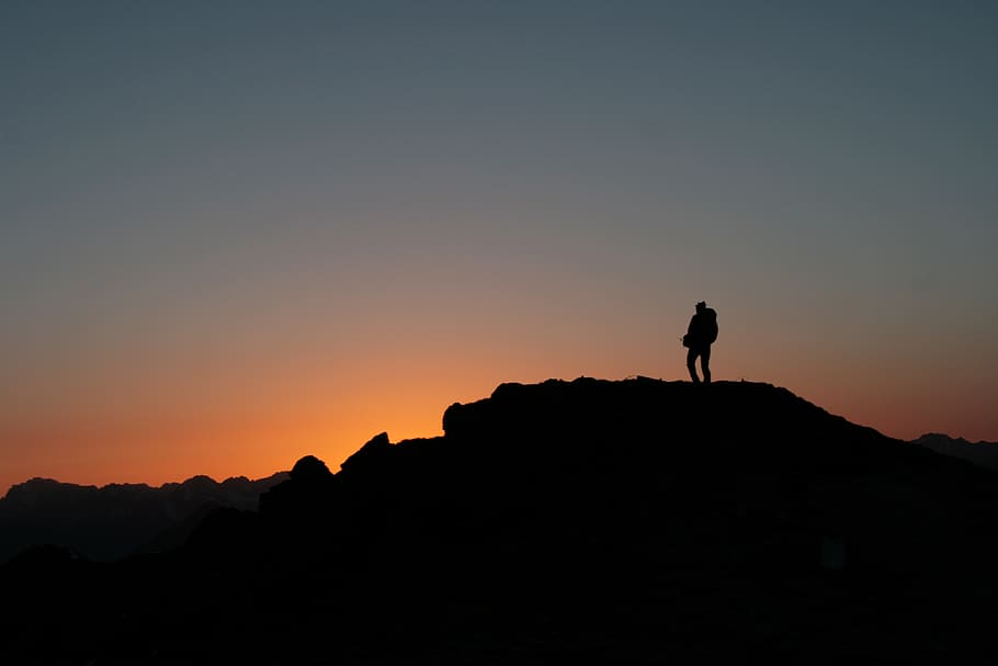 sunrise, beautiful, mountain, man, hiking, contours, romantic, orange, austria, tyrol