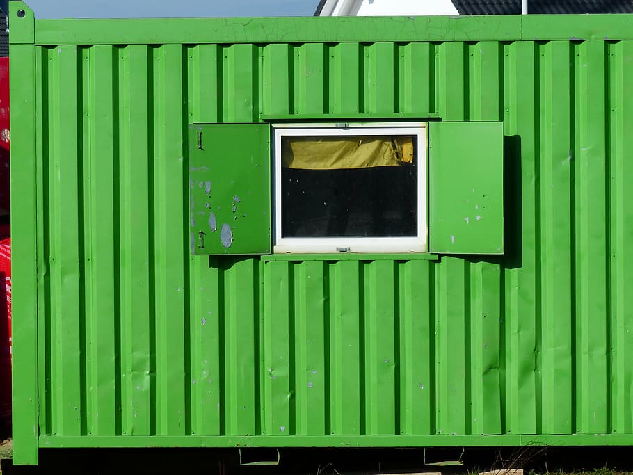 verde, intermodal, recipiente, janela, durante o dia, recipientes para construção, recipientes para canteiro de obras, recipiente rápido de construção de, recipientes habitáveis, raumzelle móvel
