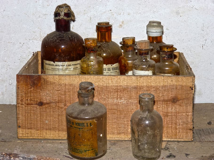 Garrafas, Química, Laboratório, substâncias químicas, velho, vintage, garrafa, antiguidade, à moda antiga, recipiente