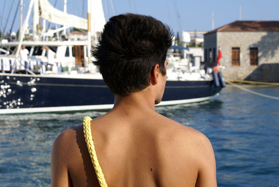 grecia, cuerda, atraque, agua, vista trasera, una persona, tiro en la cabeza, embarcación náutica, sin camisa, naturaleza