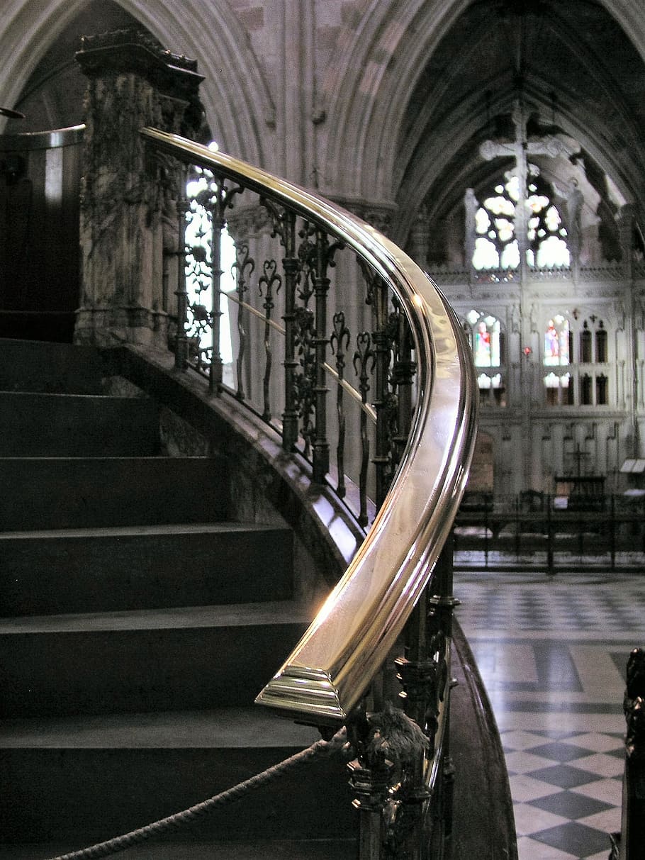 cathedral, stairs, interior, banister, church, architecture, staircase, steps and staircases, built structure, railing