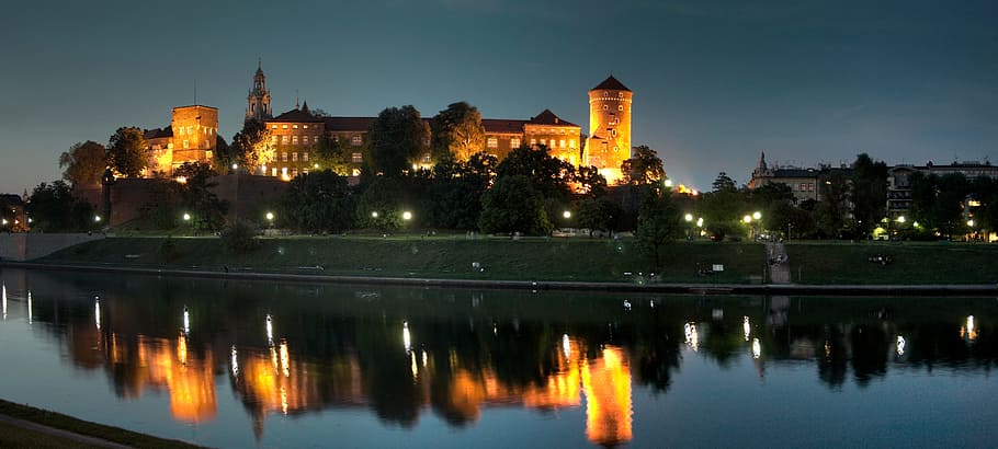Rey, castillo, Cracovia, fotografía nocturna, panorama, histórico, turístico, medieval, torre, arquitectura