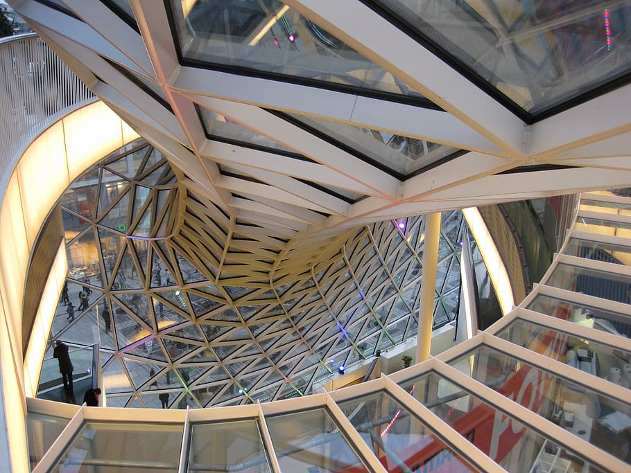 frankfurt, shopping centre, zeil, modern, architecture, indoors, built structure, pattern, metal, low angle view