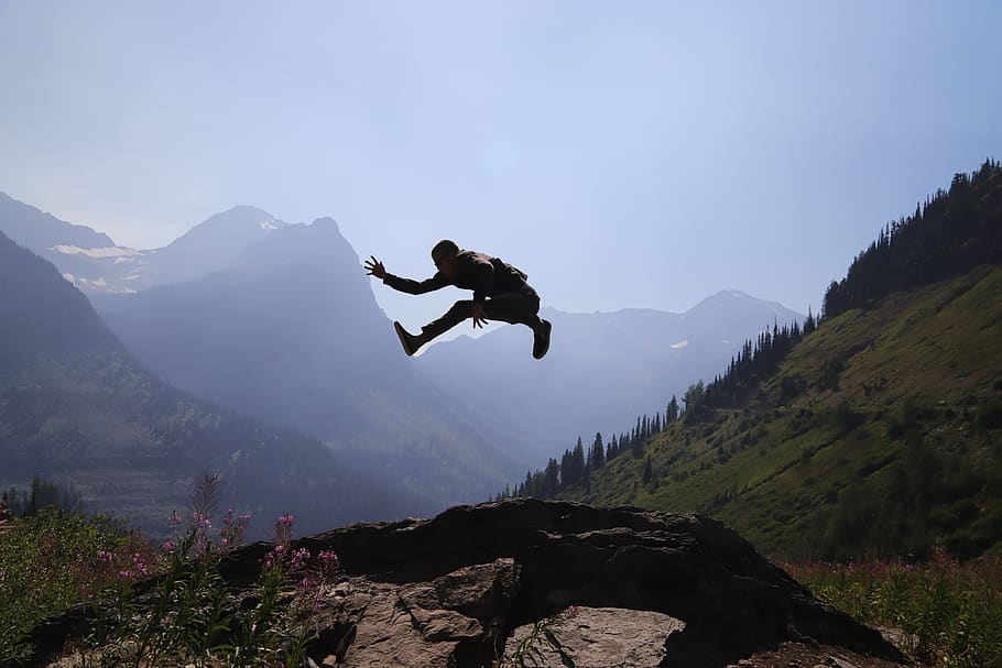 jumping, mountains, happy, hiking, action, nature, landscape, excitement, sport, leaping