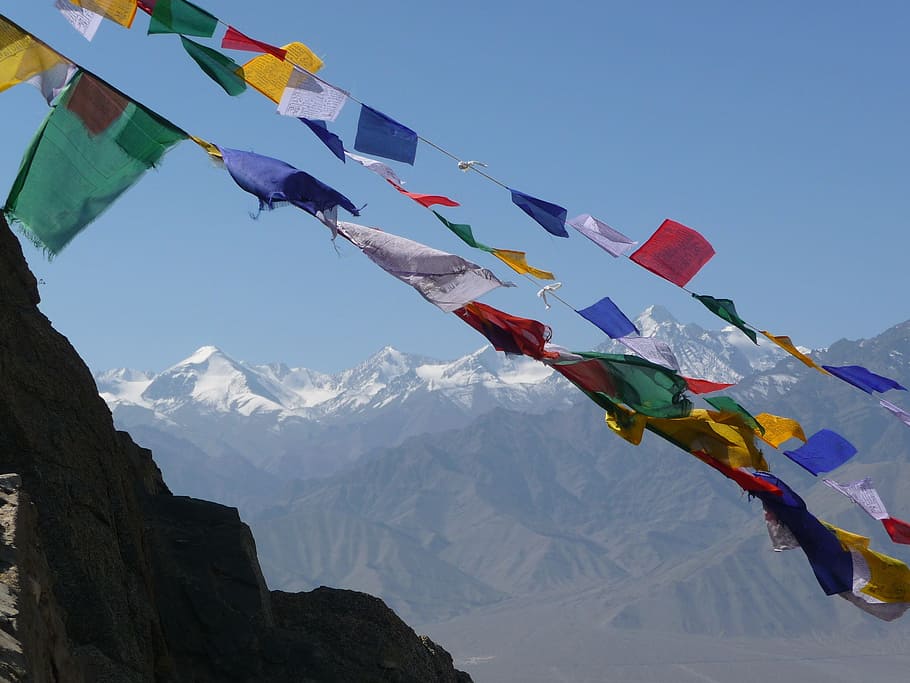 multicolored bunting, Ladakh, India, Mountain, flag, sky, wind, patriotism, outdoors, multi colored