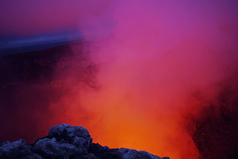 rocks, cliff, hill, fire, smoke - physical structure, erupting, volcano, geology, power in nature, mountain