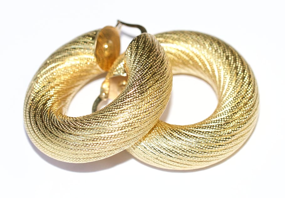 pair, gold-colored earrings, Earrings, Gold, Hoops, Texture, Glamour, jewelry, luxury, yellow