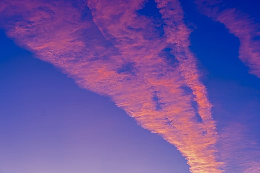 contrail, artificial clouds, homo mutatus, chemtrails, nature, sunrise, aircraft contrails, sky, blue, orange
