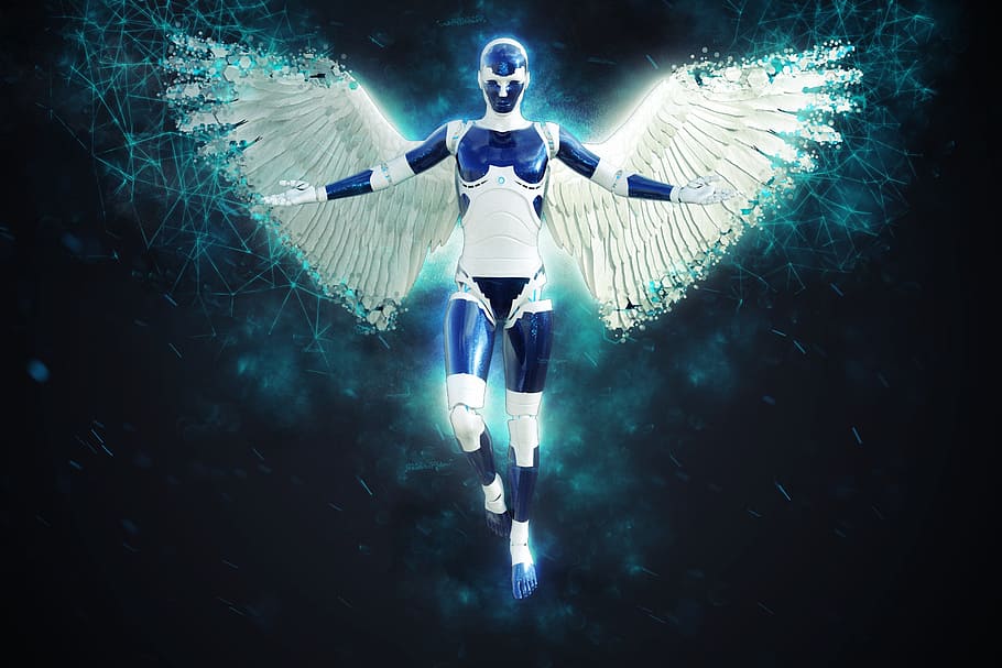 blue, character, wings, digital, wallpaper, angel, robot, female, cyborg, robotic