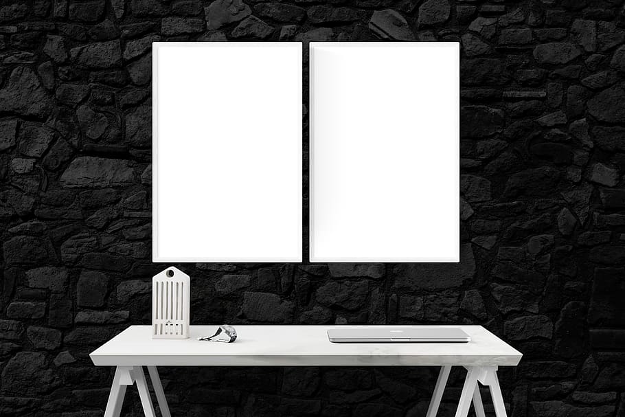 rectangular, white, wooden, table, mockup, wall, poster, mock, frame, template