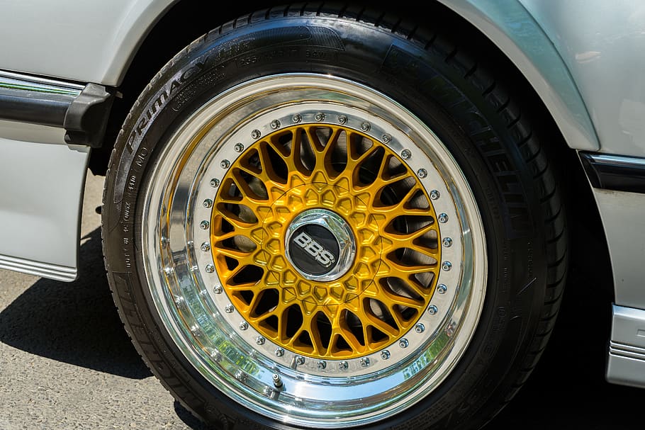 wheel, mature, rim, gold, silver, gloss, auto, oldtimer, chrome, tire