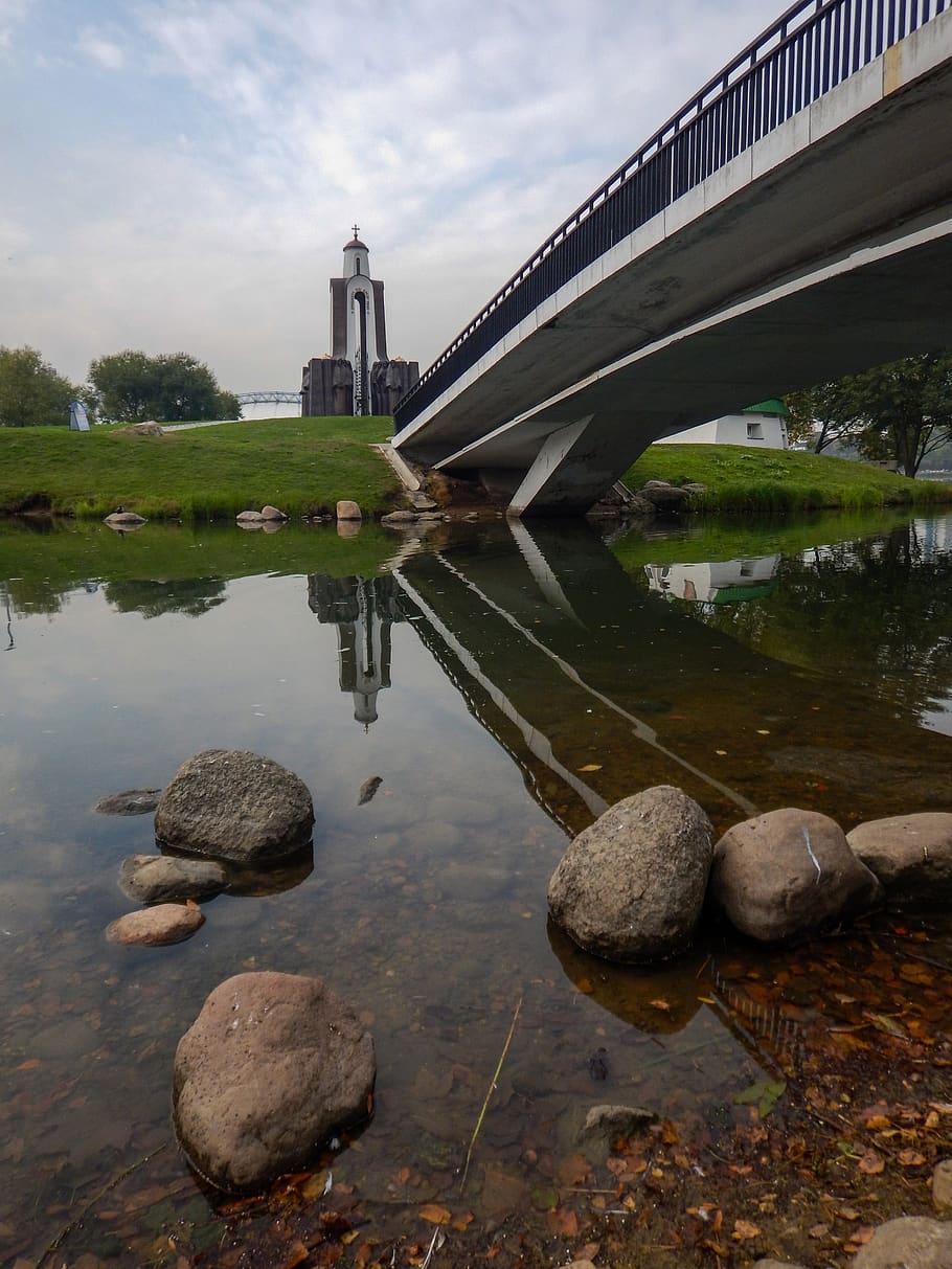 bridge, minsk, belarus, island, chapel, stones, pond, river, europe, city